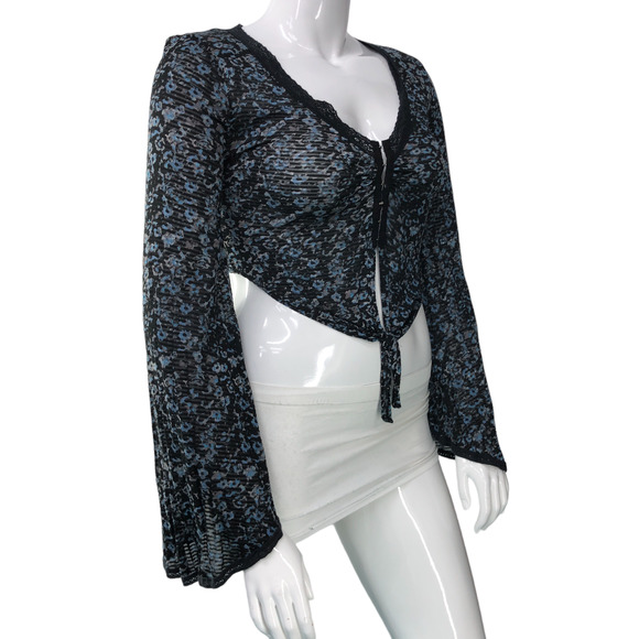 Free People Womens Size M Crop Top Mesh Bell Sleeve Tie Waist Hook and Eye Close - Picture 11 of 16